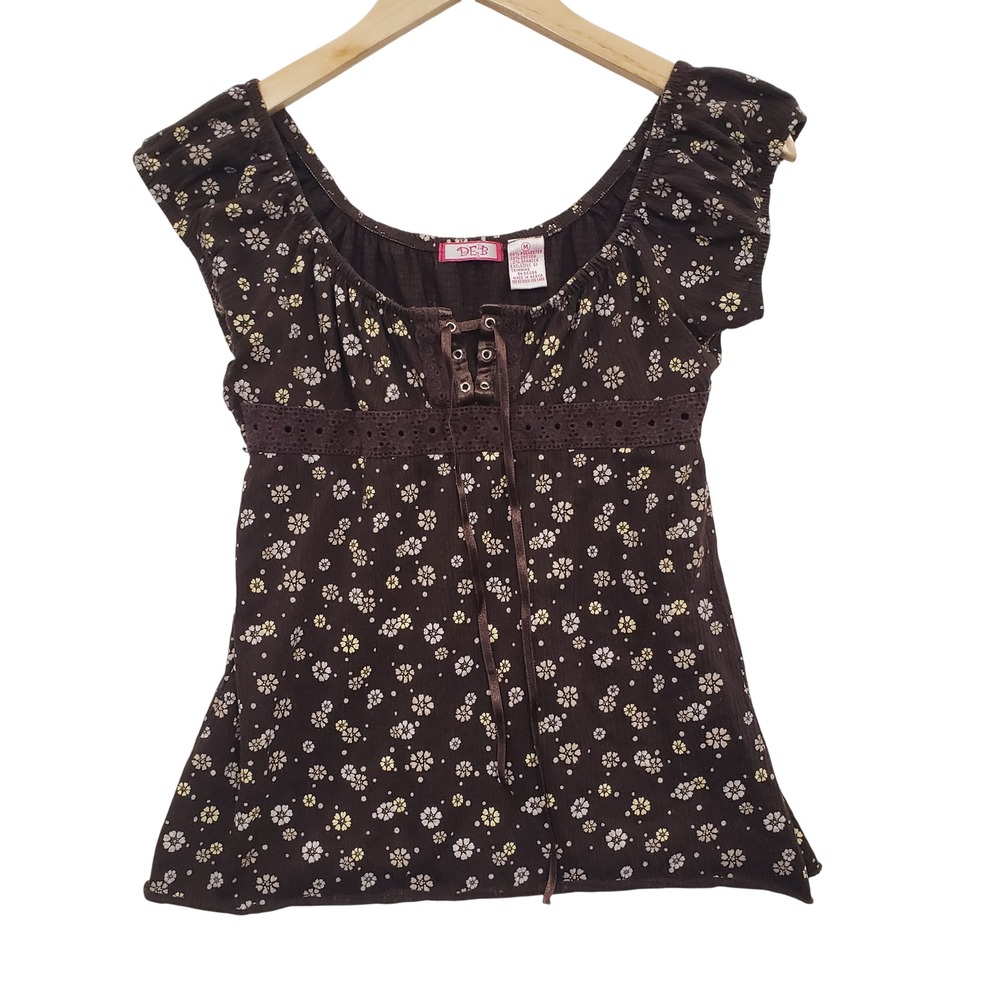 Y2K DEB Womens Brown Floral‎ Lace UpTop Short Sleeve Size M Milkmaid Romantic